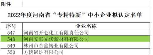 祝賀！光伏新材料通過河南省“專精特新”中小企業(yè)認定